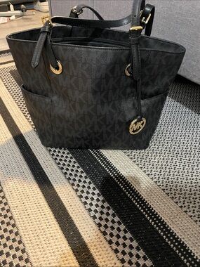 Michael Kors Black MK Monogram Tote with Gold Accents